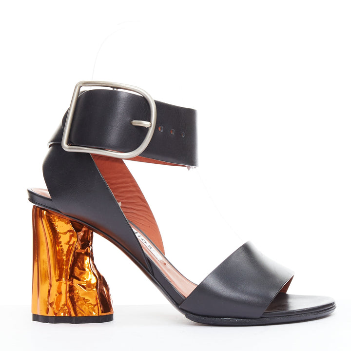 ACNE STUDIOS Obin metallic orange bark heel black leather sandals EU37