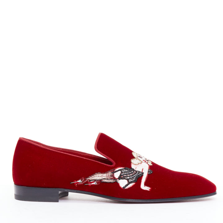 Male mannequin wearing Christian Louboutin Red Velvet Men Loafer in Size EU41 | Available at JHROP