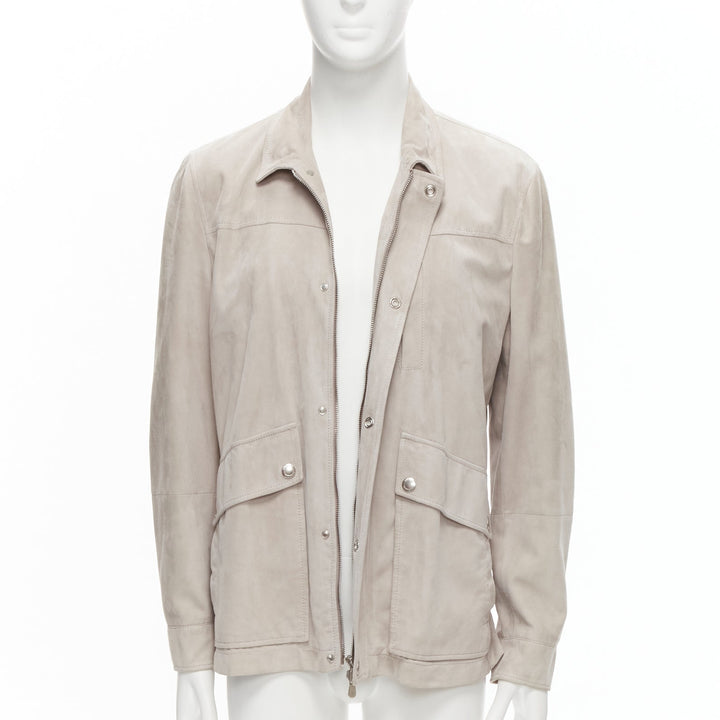BRUNELLO CUCINELLI light grey genuine soft suede leather flap pocket jacket M