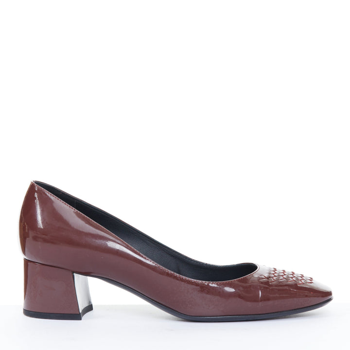 BOTTEGA VENETA burgundy patent leather intrecciato square toe block pumps EU37