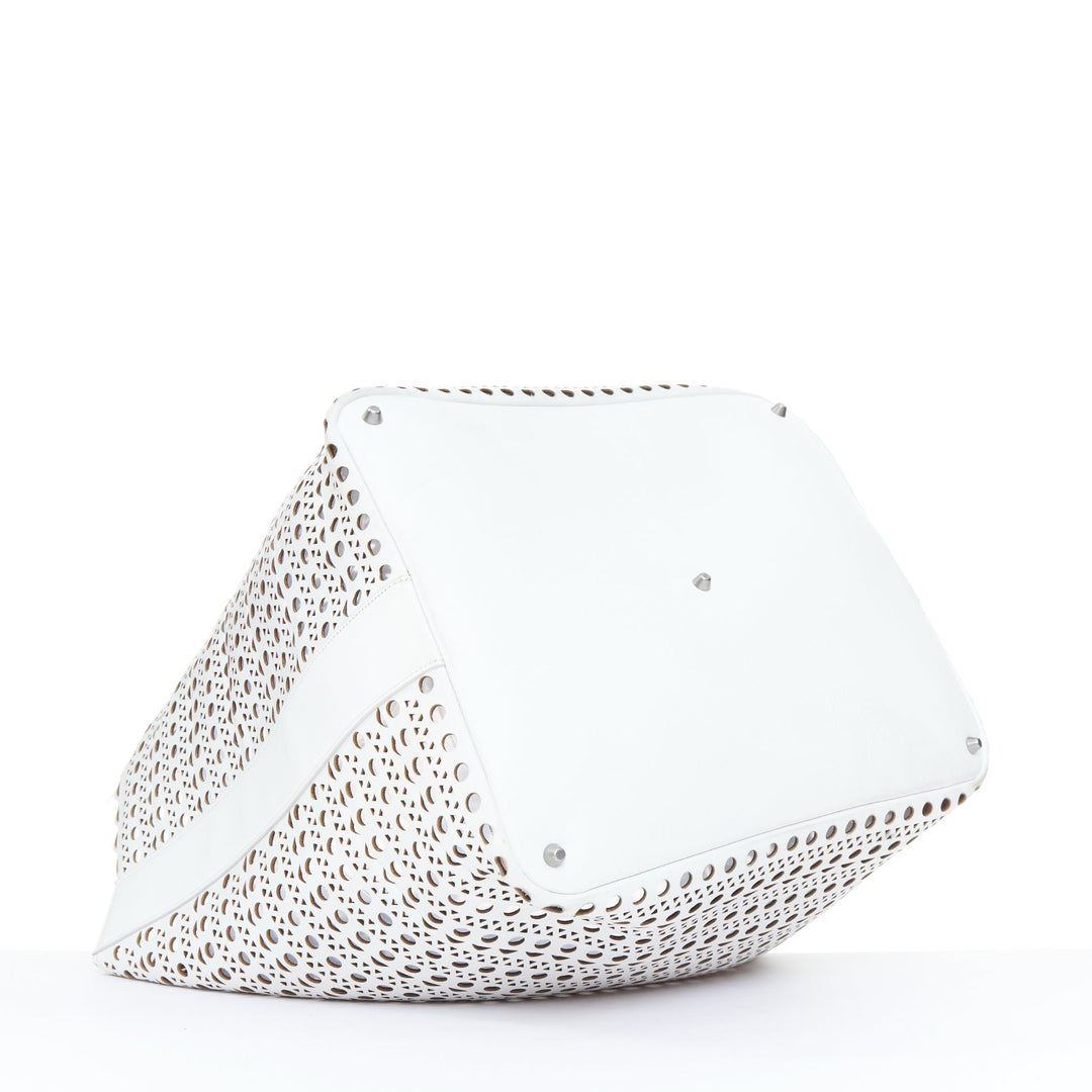 ALAIA Le Mina Vienne Wave laser cut white calfskin leather travel tote bag