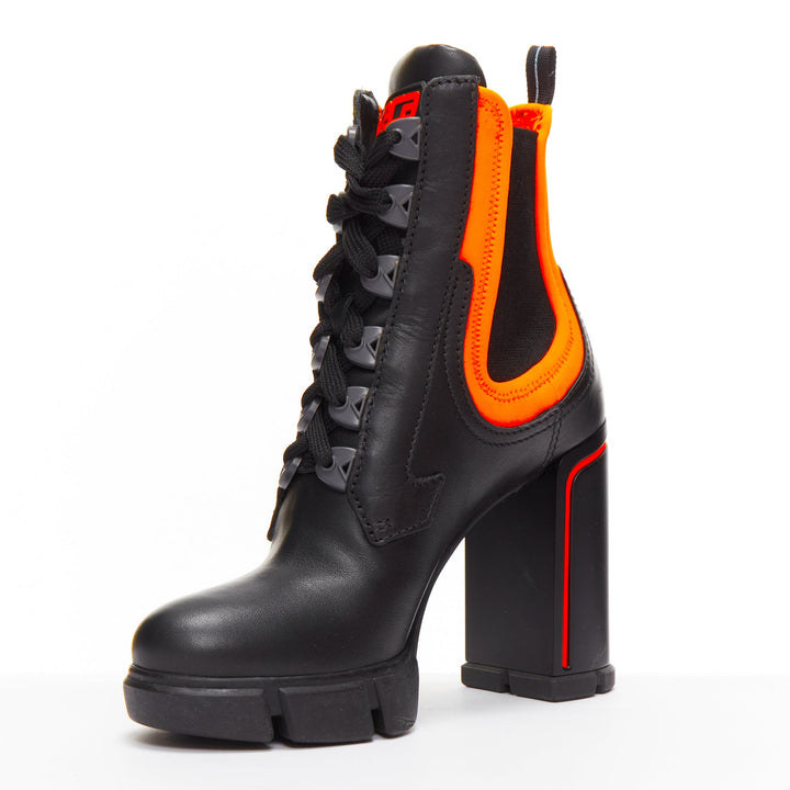 PRADA Runway neon orange neoprene black leather logo boots EU37 Nicki Minaj