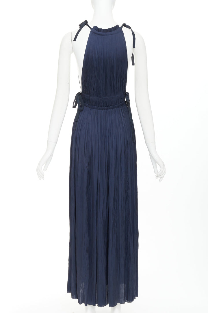 ULLA JOHNSON midnight blue pleated halter neck drawstring tie midi dress US0 XS