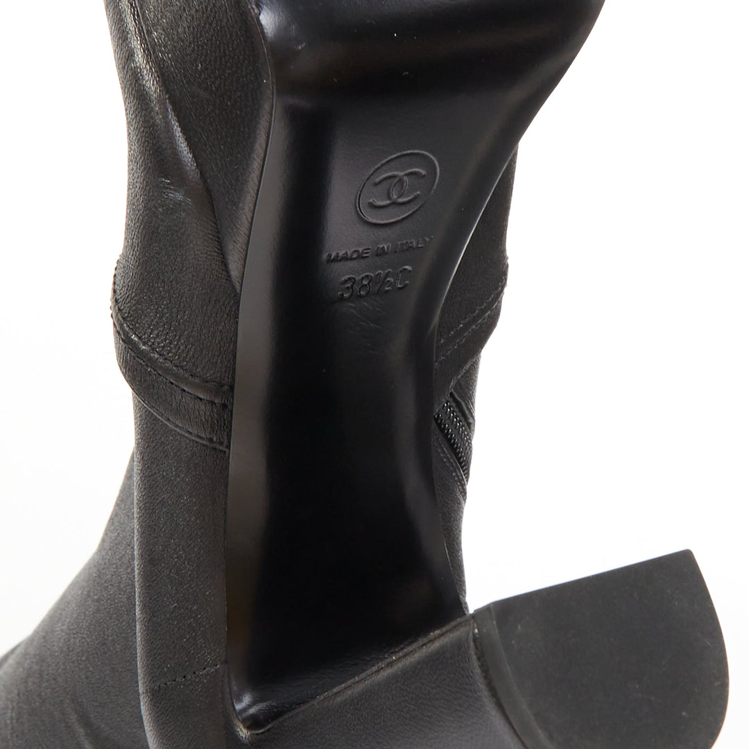 CHANEL 2024 black stretch leather cap toe platform block knee high boots EU38.5C