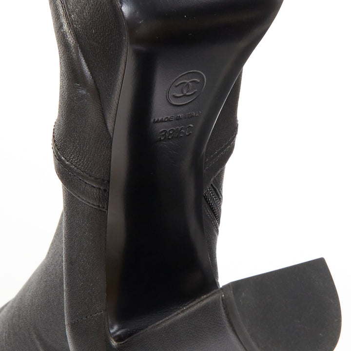 CHANEL 2024 black stretch leather cap toe platform block knee high boots EU38.5C