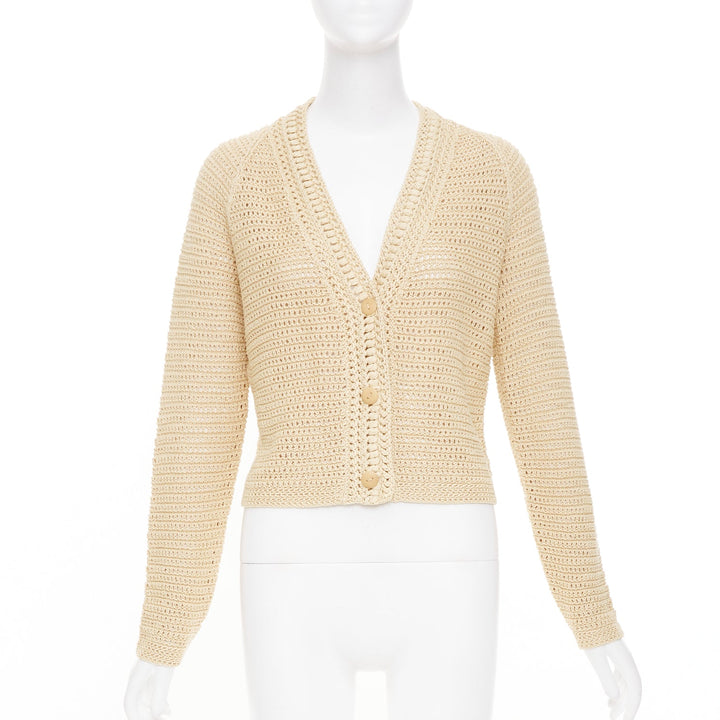 VINCE beige cream nude open work cotton mesh crochet knit button cardigan S
