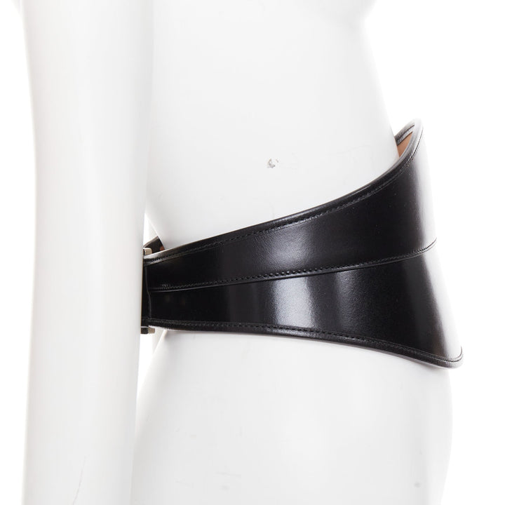 ALEXANDER MCQUEEN black polished leather hard overstitched corset waist belt 26"