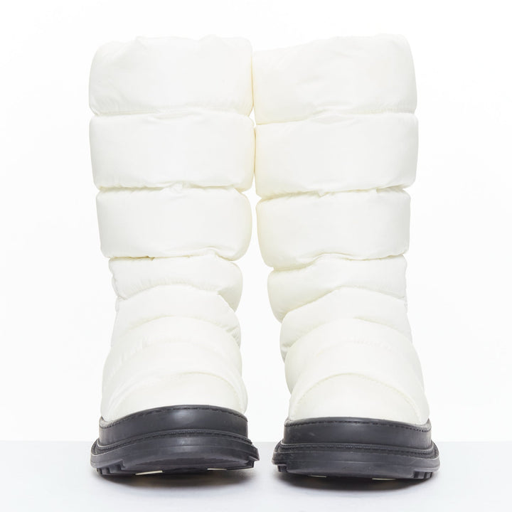 CHANEL cream nylon CC logo side padded black trim snow boots EU37.5
