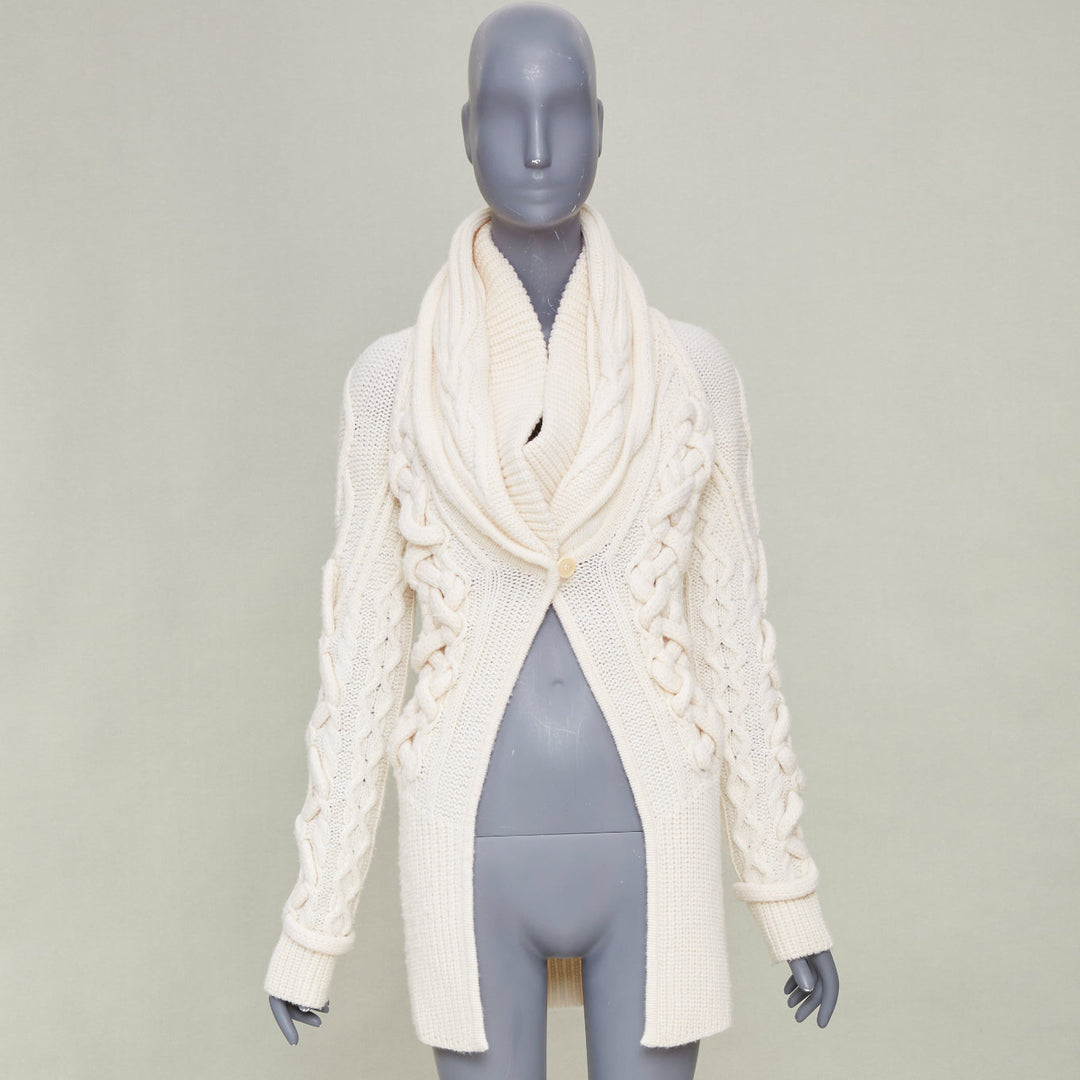 GIVENCHY 2011 strategic chunky cable knit cream cowl neck long cardigan top XS