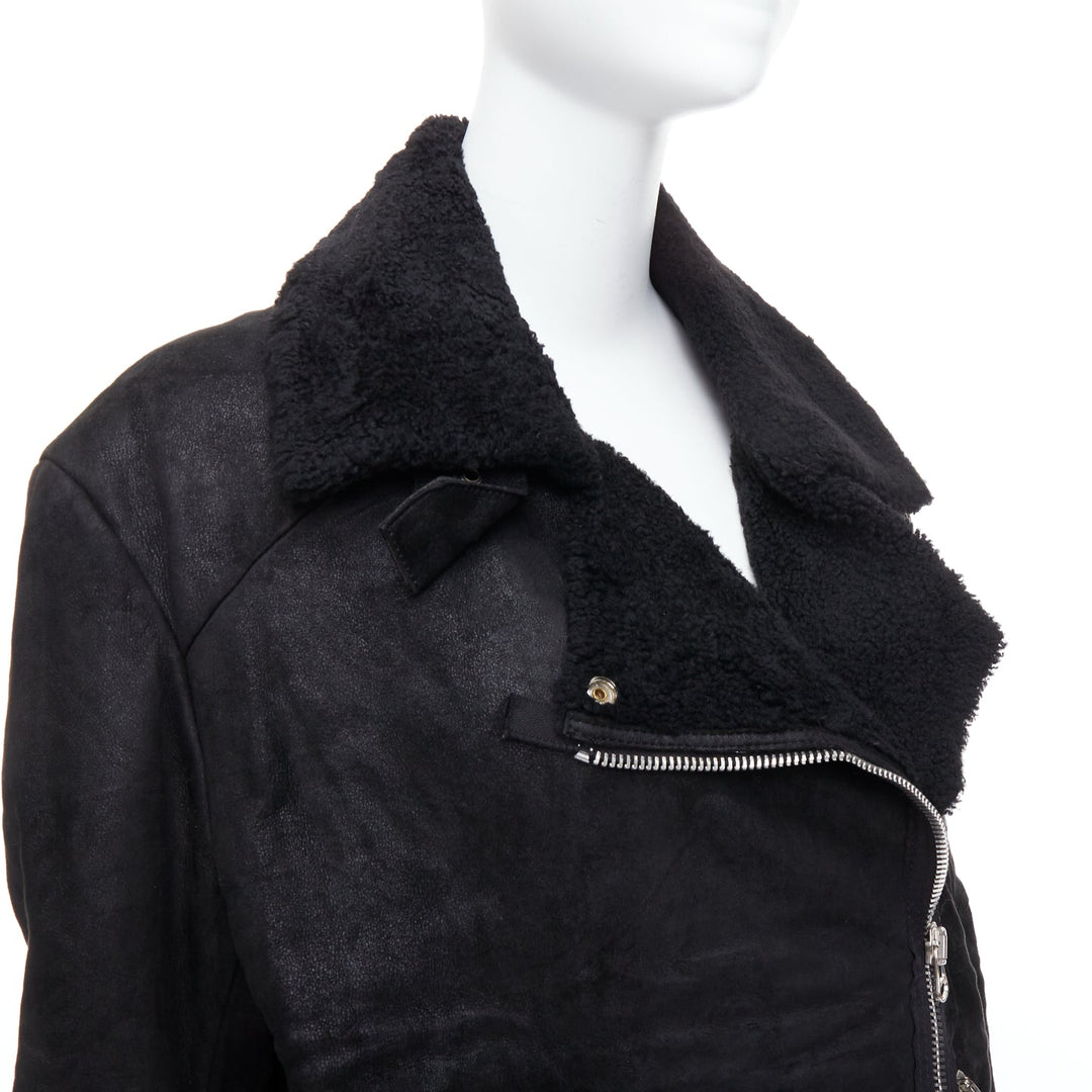 Female mannequin wearing Acne Studios AW 2011 Black Shearling Women Leather Jacket in Size FR34 | Available at JHROP