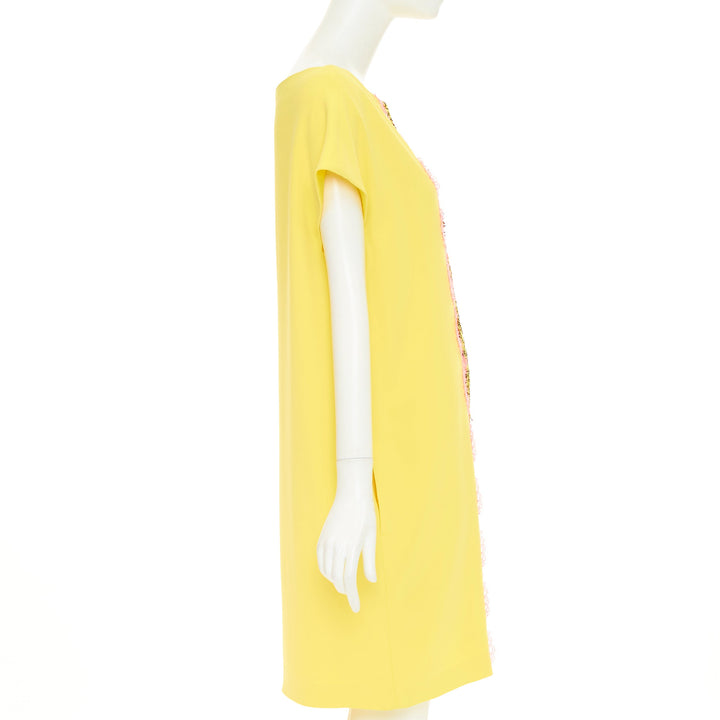 MOSCHINO  yellow pink triacetate floral lace applique shift dress IT42 M