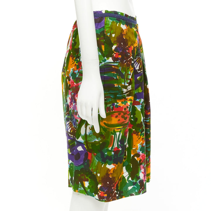 MARNI purple multicolor floral cotton inverted pleat front knee skirt IT38 XS