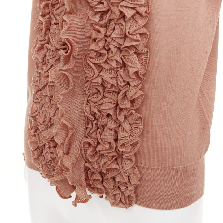 YVES SAINT LAURENT Rive Gauche beige wool ruffle tier cuff knit cardigan XS