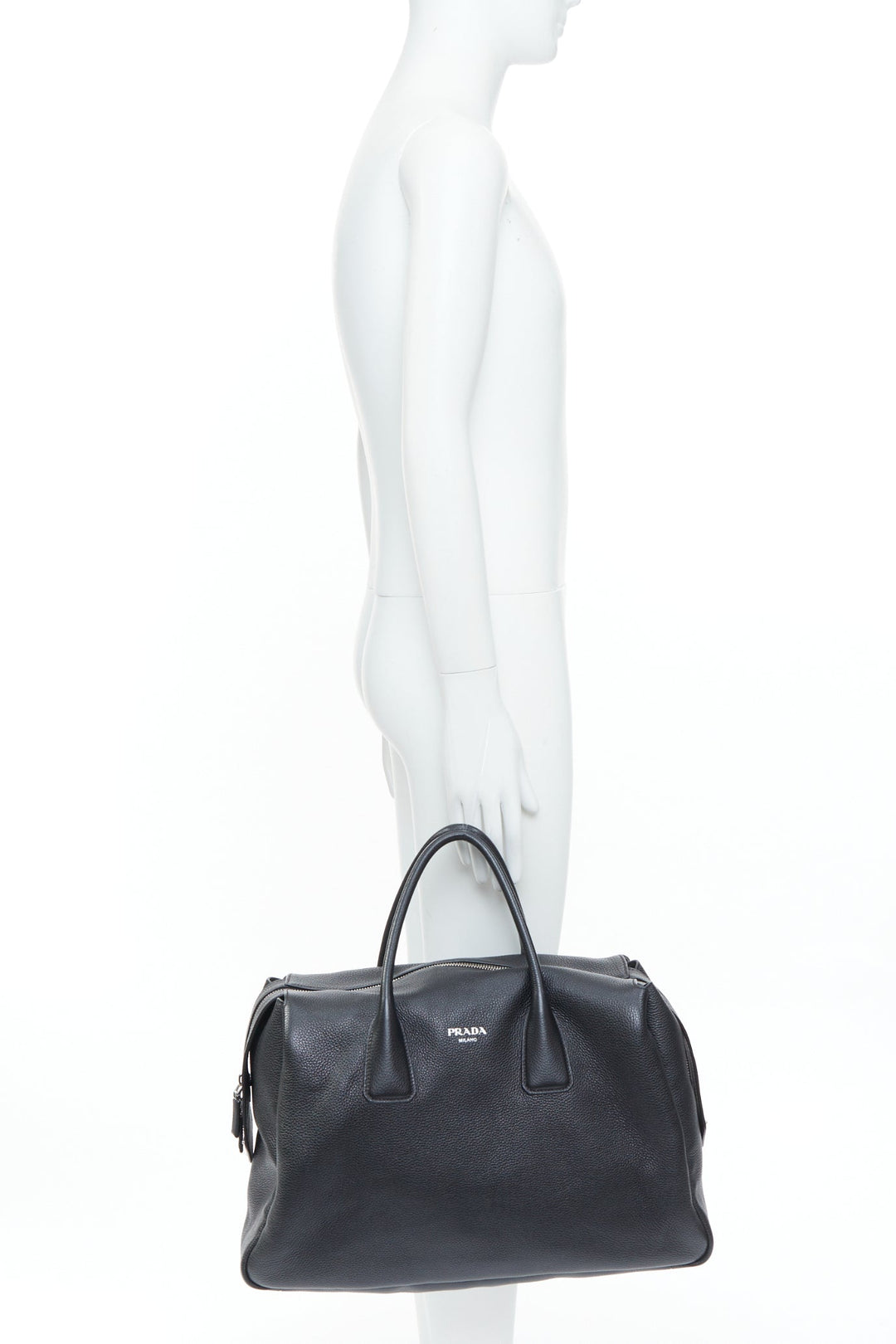 PRADA Vitello Daino metal logo black pebbled calfskin travel weekender tote bag