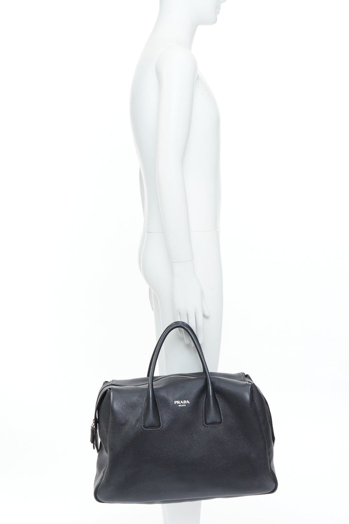 PRADA Vitello Daino metal logo black pebbled calfskin travel weekender tote bag