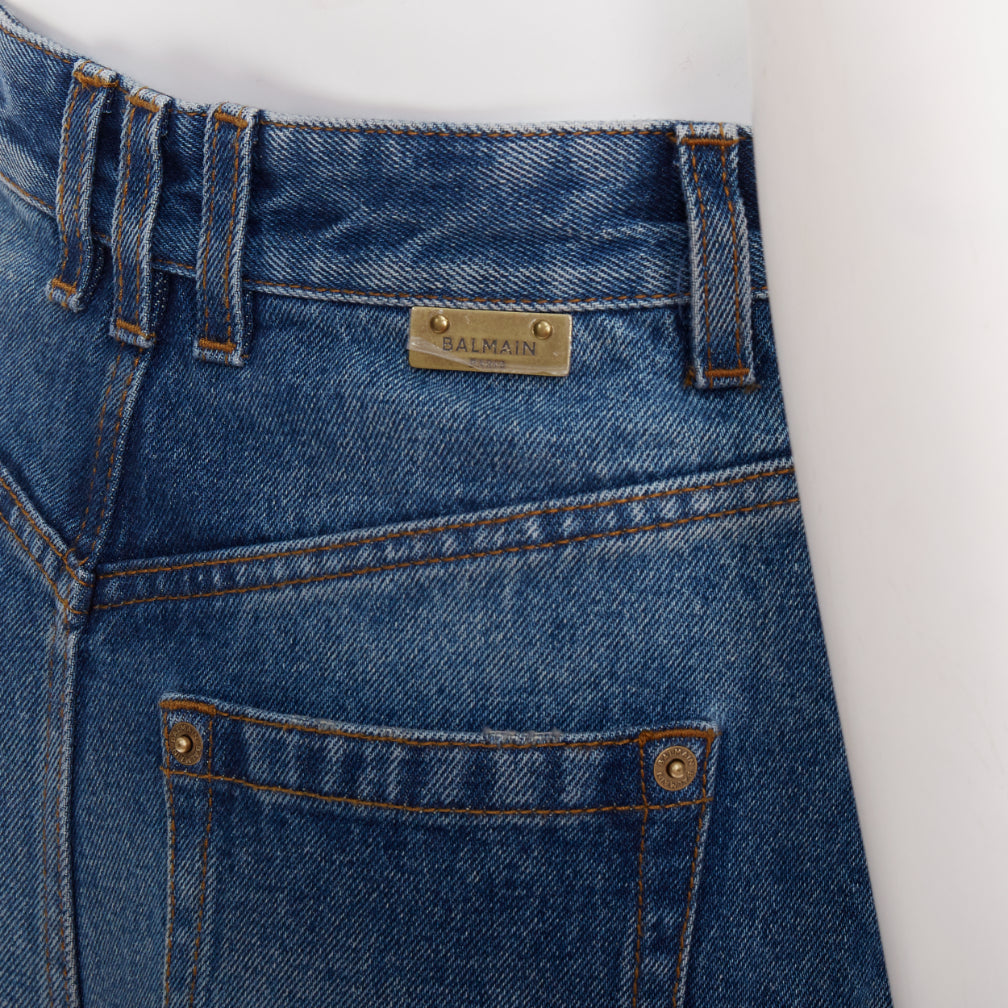 BALMAIN blue washed bronze logo buttons high waisted denim shorts FR34 XS