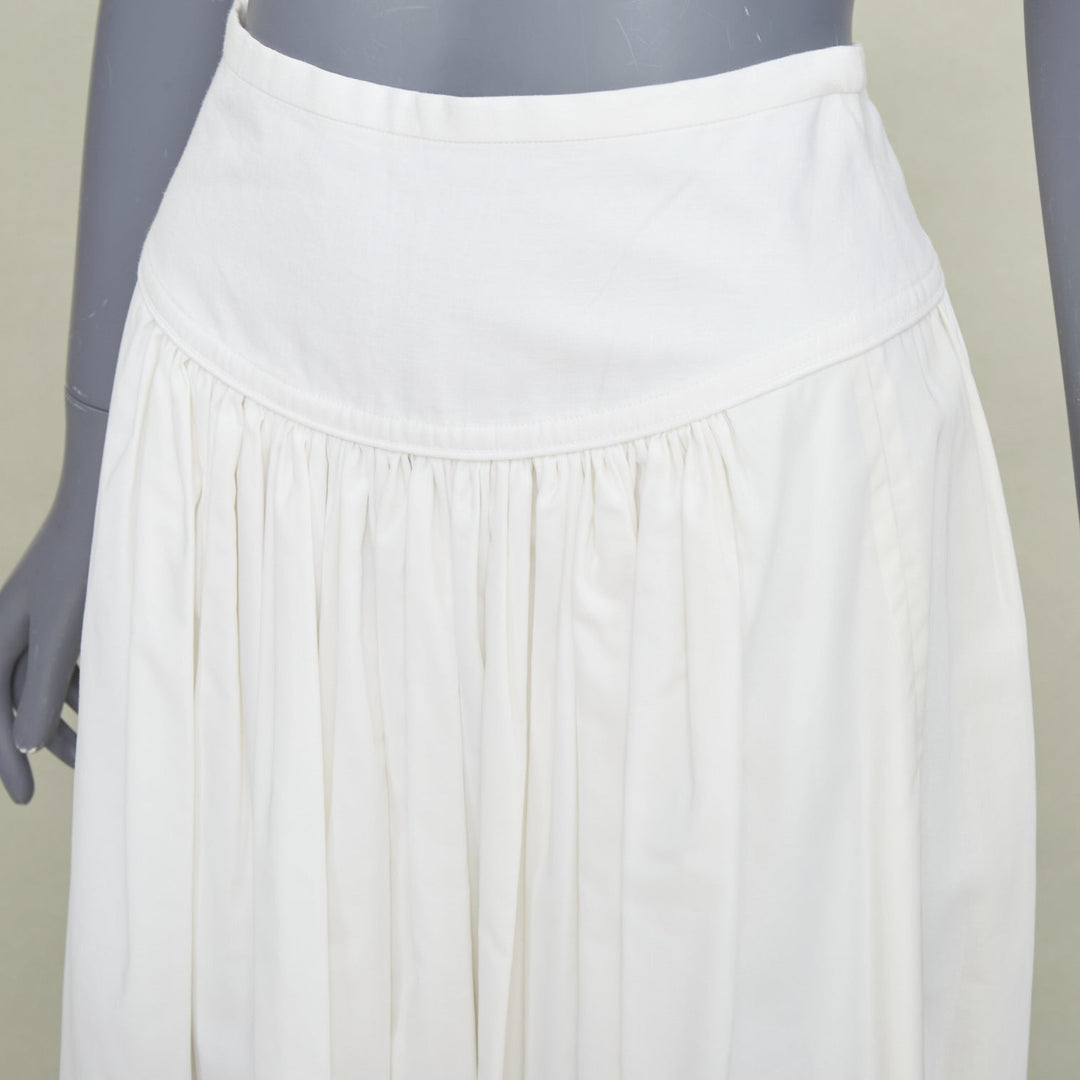 HERMES white cotton linen pleated drop waist casual flared midi skirt FR34 XS