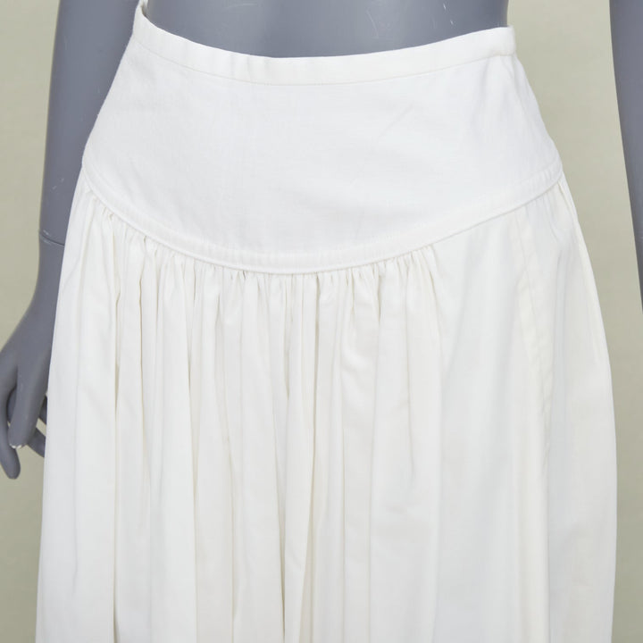 HERMES white cotton linen pleated drop waist casual flared midi skirt FR34 XS