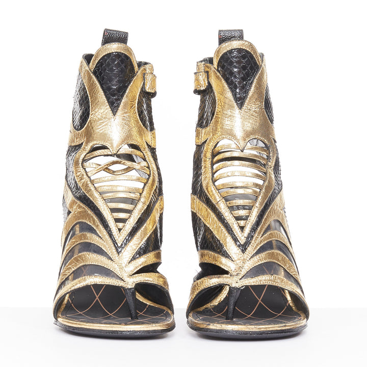LOUIS VUITTON 2015 Runway Glam Rock python metallic cutout block sandals EU36.5