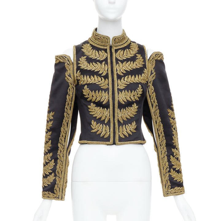 rare ALEXANDER MCQUEEN 2011 Runway gold foliage embroidery military IT38 XS