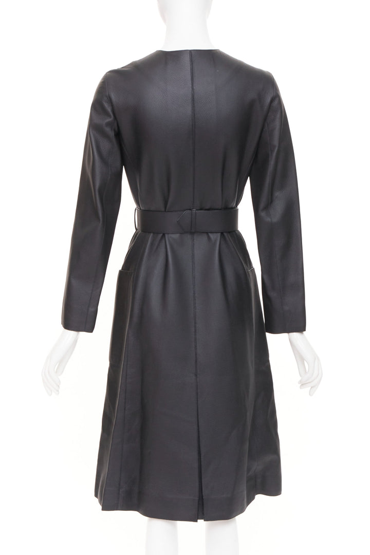 HERMES deerskin asymmetric snap button collared belted long leather coat FR34 XS