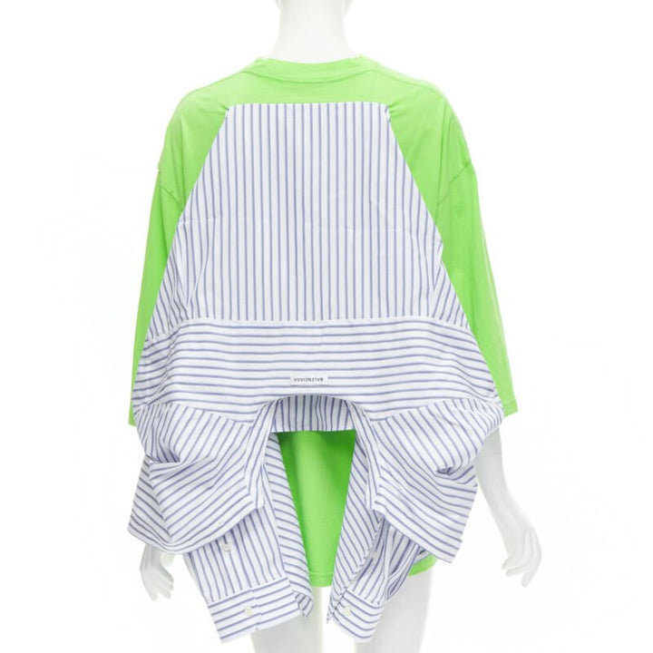 BALENCIAGA 2017 green tshirt blue striped shirt 2 way draped top FR34 XS