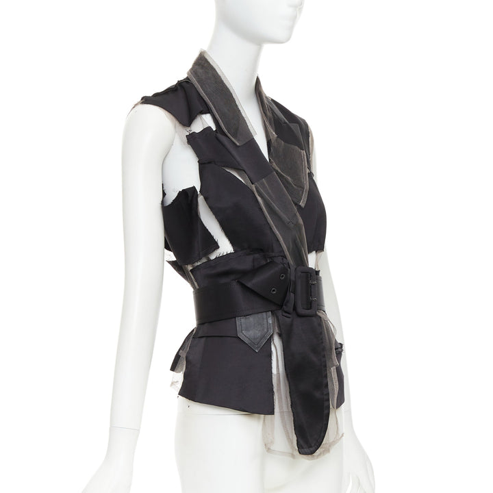 COMME DES GARCONS 2007 Runway black satin sheer patchwork tulle belted vest S