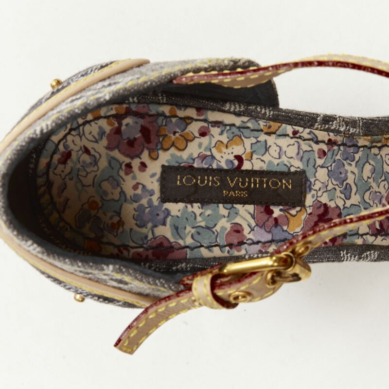 LOUIS VUITTON grey denim patchwork buckle vachetta strap wooden heel sandal EU36