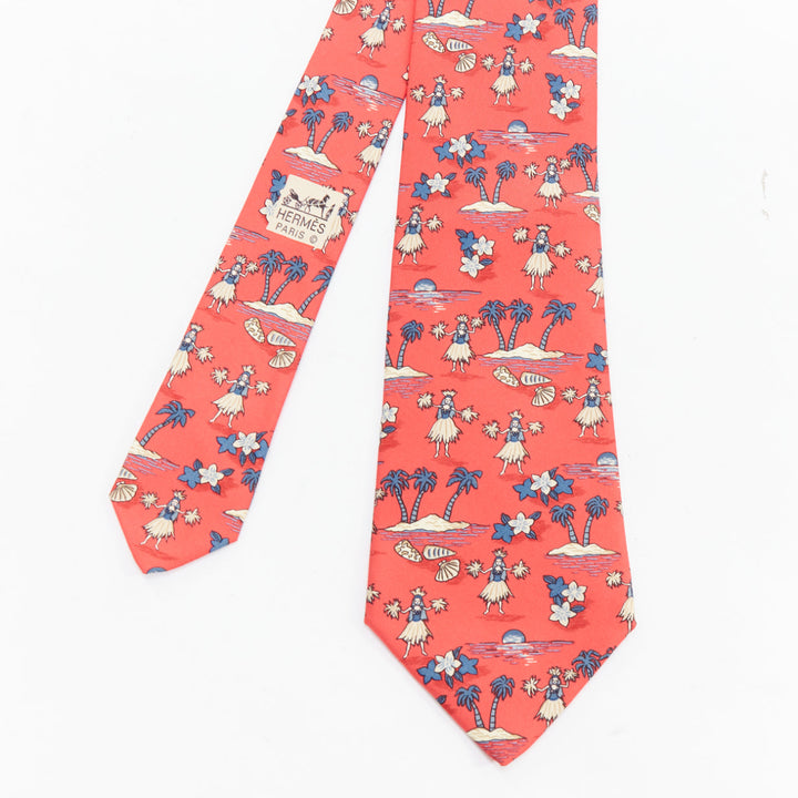 HERMES 7554 SA red blue Hawaiian hula girl fauna print silk tie