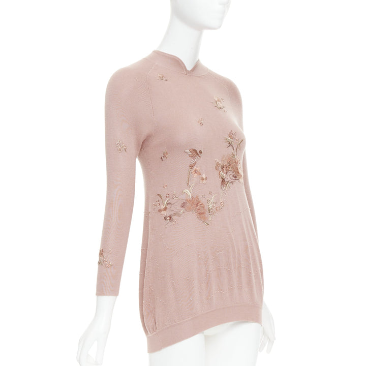 SHIATZY CHEN dusty pink modal oriental embroidery qipao collar sweater IT40 S
