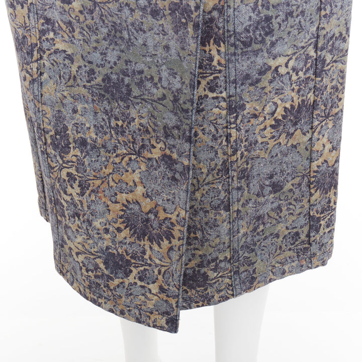 DIOR Brocart blue beige floral brocade denim knee skirt FR36 S