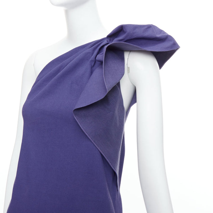 LANVIN 2015 deep purple linen one shoulder ruffle dress FR38 M