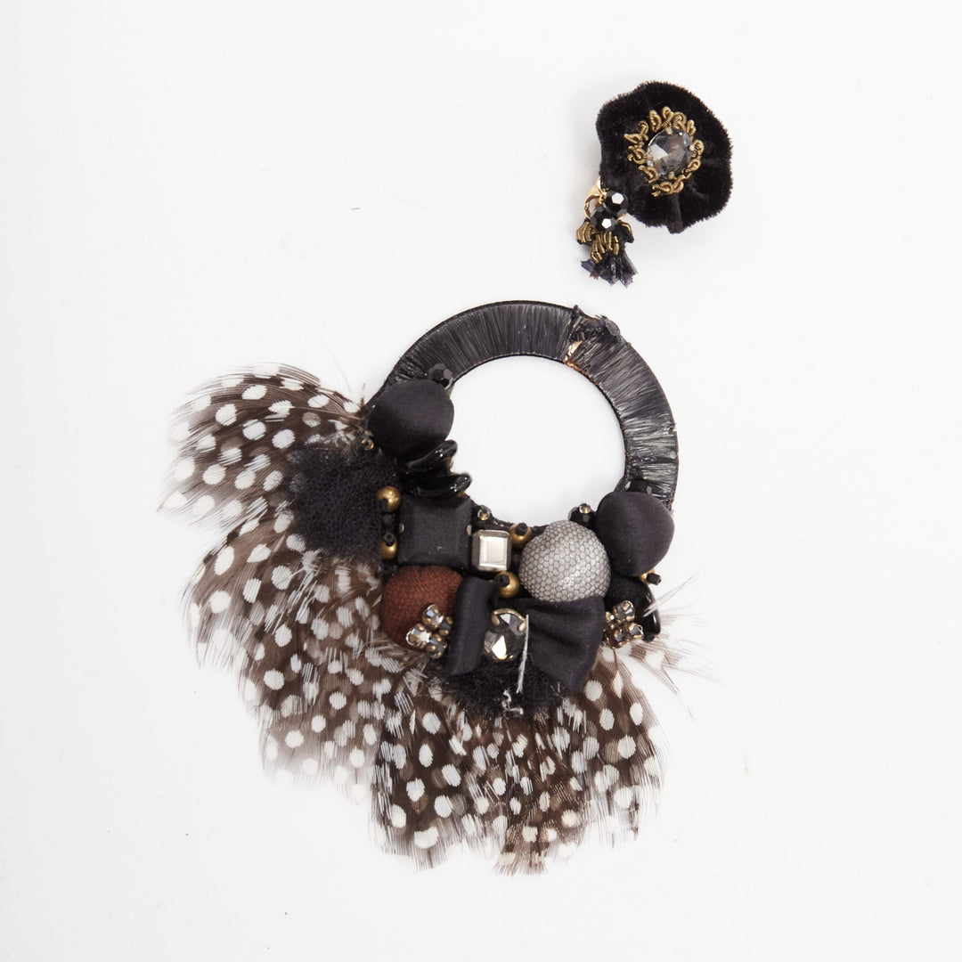 RANJANA KHAN black brown dotted feather beads bow dangling clip on earrings