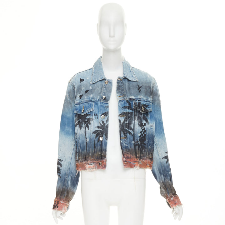 AMIRI 2017 Palm Tree Sunset airbrush blue distressed denim trucker jacket XS