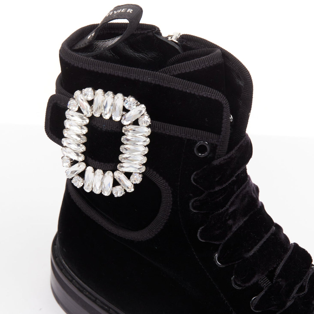 ROGER VIVIER 2020 Viv Rangers black velvet crystal buckle combat boots EU37.5