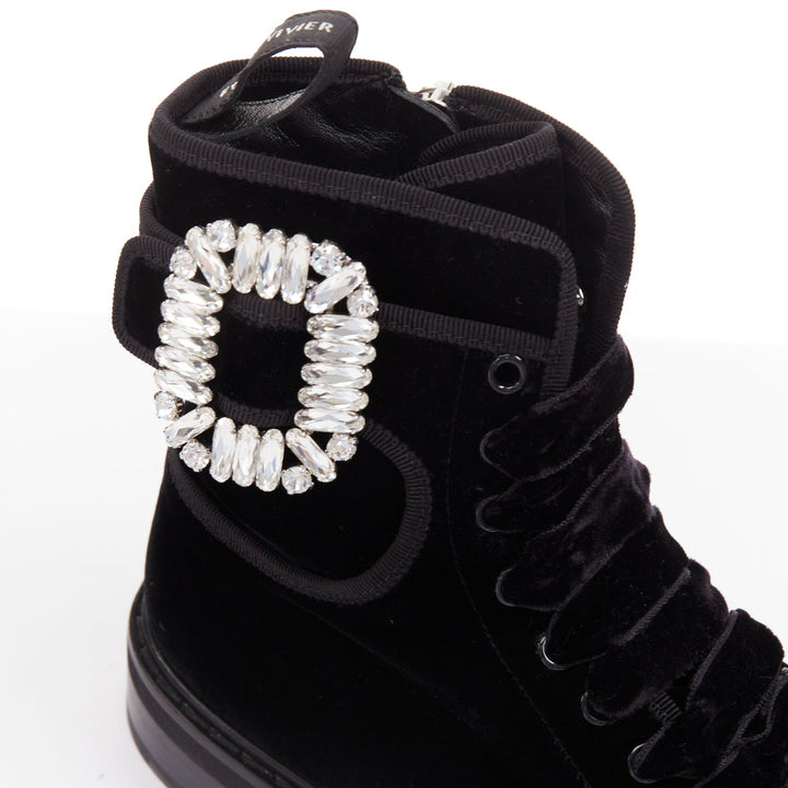 ROGER VIVIER 2020 Viv Rangers black velvet crystal buckle combat boots EU37.5