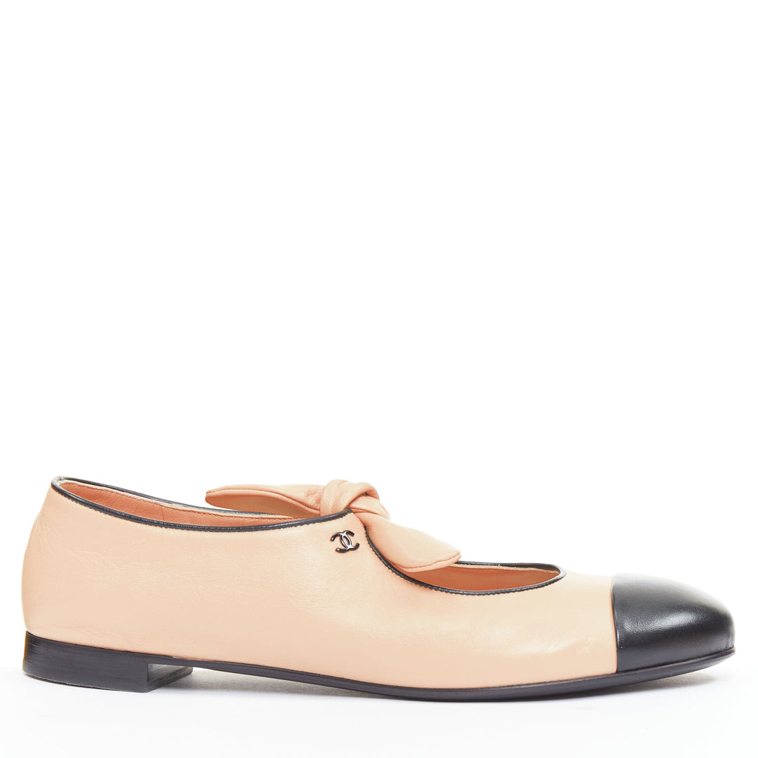 CHANEL 2024 beige lambskin leather ribbon bow CC logo mary jane flats EU40