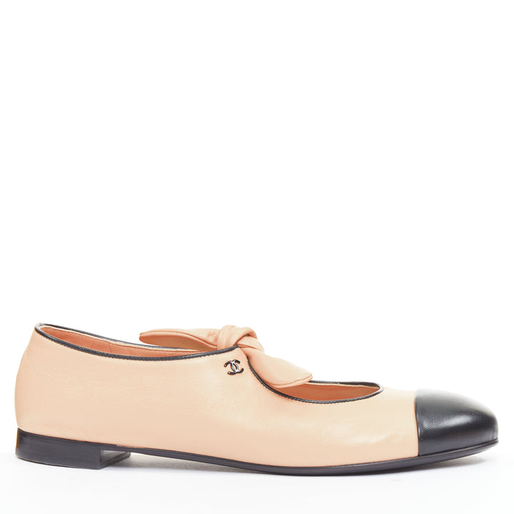 CHANEL 2024 beige lambskin leather ribbon bow CC logo mary jane flats EU40