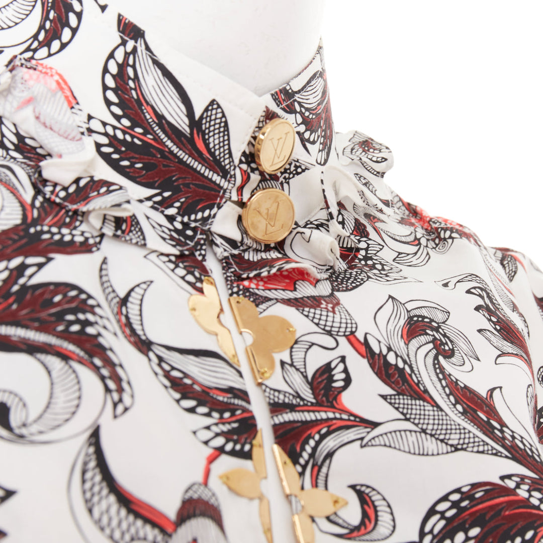 LOUIS VUITTON white red burgundy paisley floral LV button ruffled shirt FR34 XS