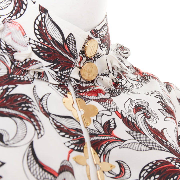 LOUIS VUITTON white red burgundy paisley floral LV button ruffled shirt FR34 XS