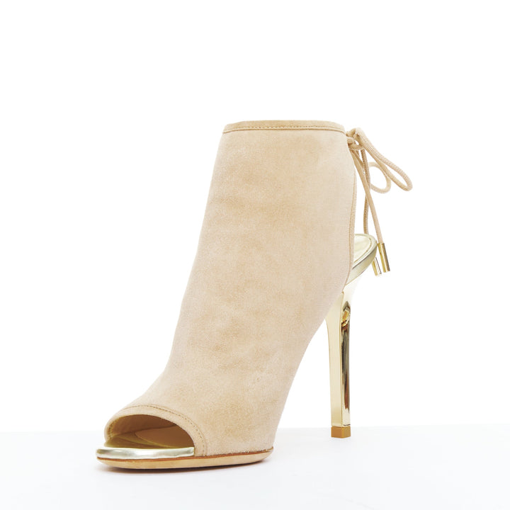 JIMMY CHOO Froze beige suede gold heel peep toe booties EU35.5