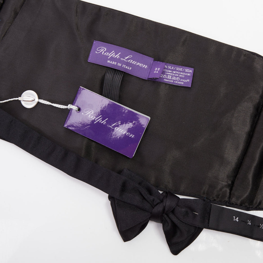 RALPH LAUREN Purple Label black satin silk pleated formal cummerbund bow tie set