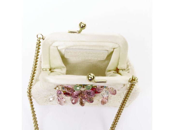 DOLCE GABBANA cream lace multicolour stone beaded kisslock chain micro bag