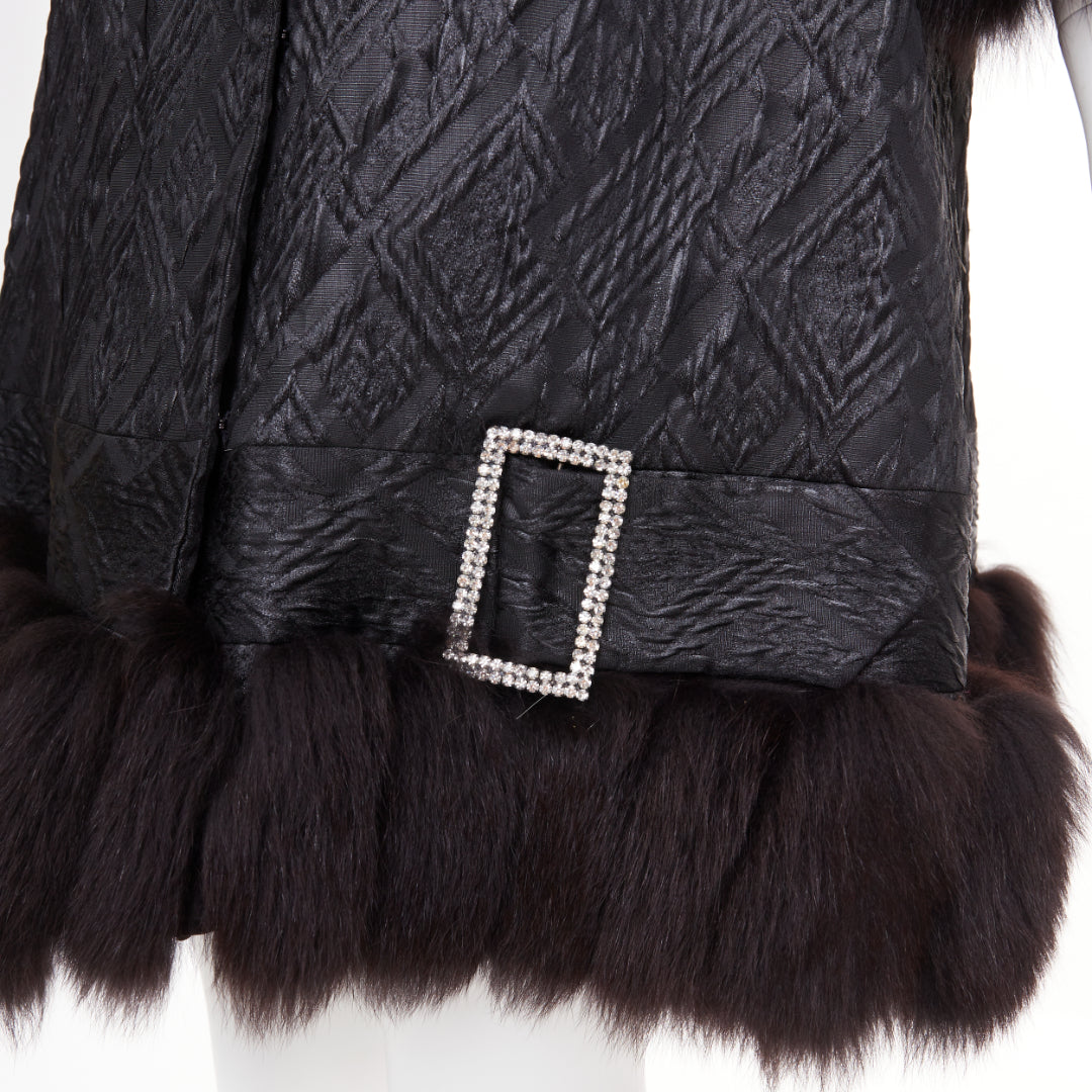 ADAM JONES 2004 black textured brocade real fur trim crystal buckle coat FR38 M