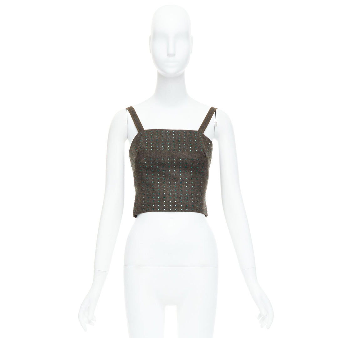 MIU MIU Vintage 1998 Runway fleece wool green crystal bustier top IT38 XS