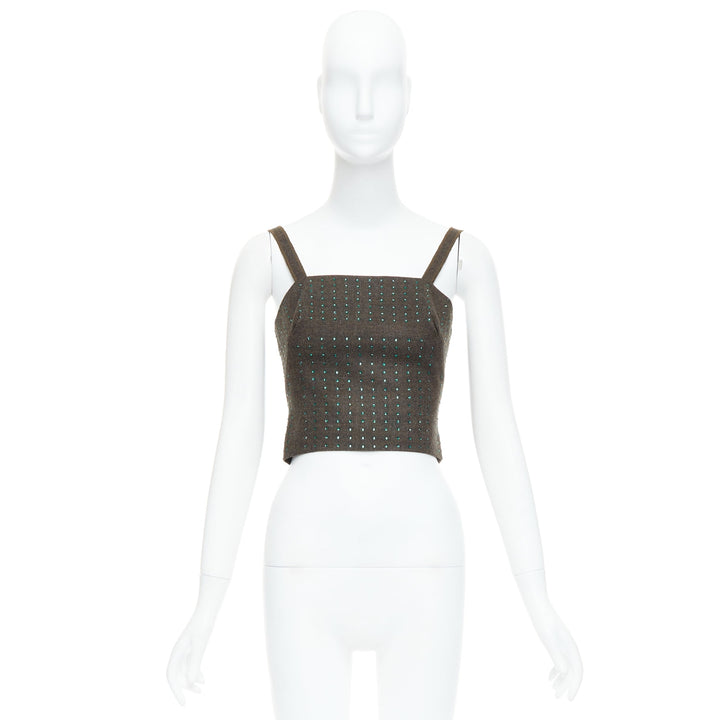 MIU MIU Vintage 1998 Runway fleece wool green crystal bustier top IT38 XS