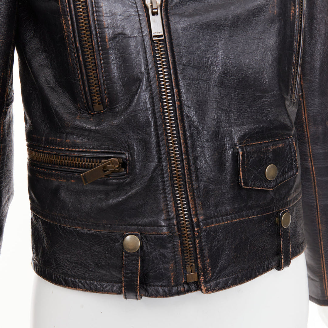SAINT LAURENT 2017 Thunder Studded brown distressed calfskin moto jacket FR38 M