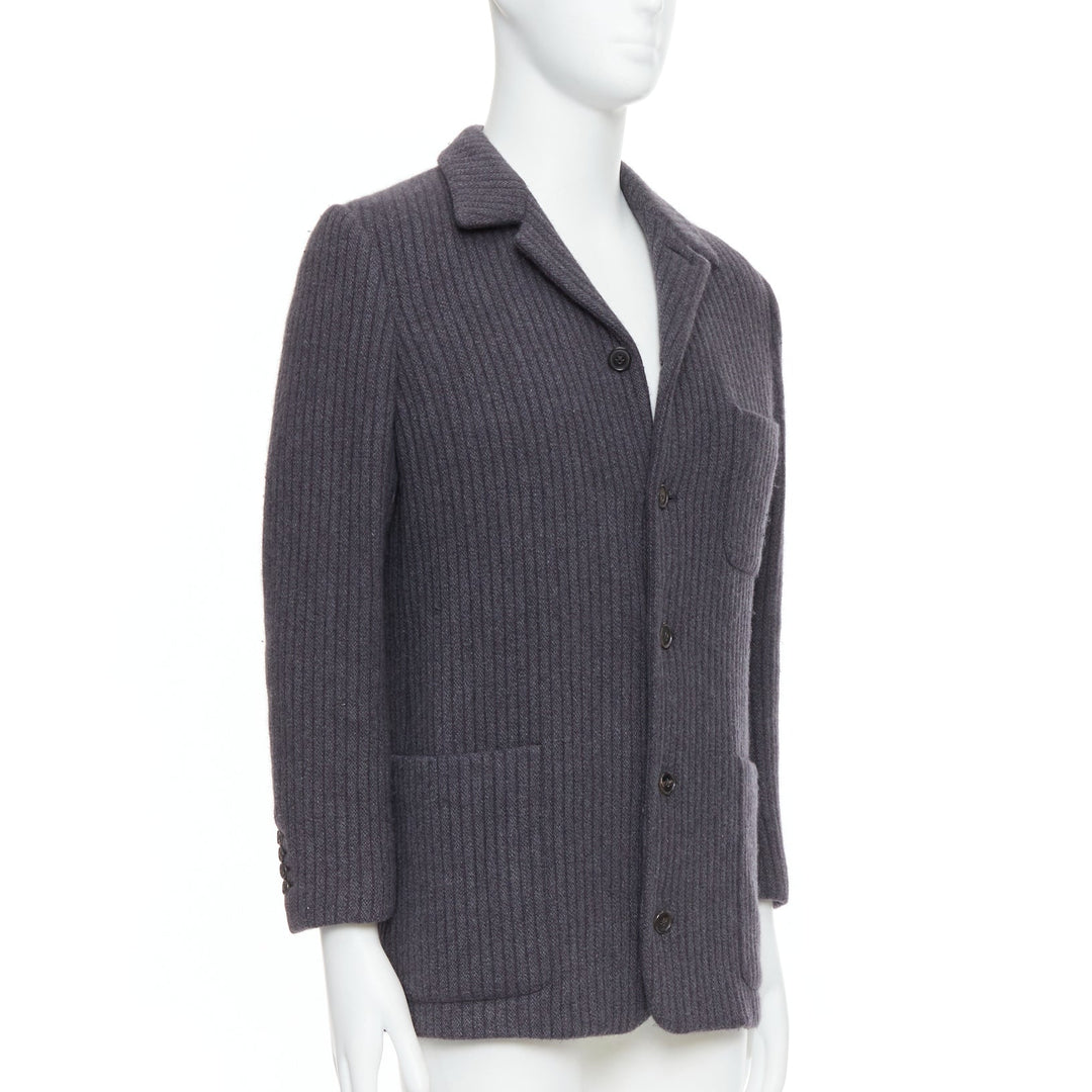 HERMES Angora wool cashgora grey verticle stripe knit blazer FR48 M