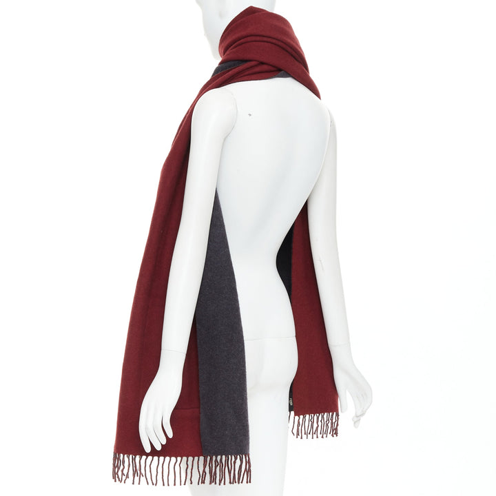 FENDI  100% cashmere burgundy grey bicolor pocket fringed long scarf