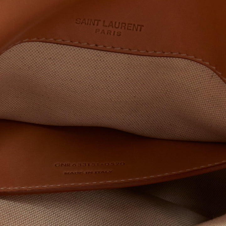 SAINT LAURENT Niki beige canvas brown leather trim logo flap crossbody chain bag